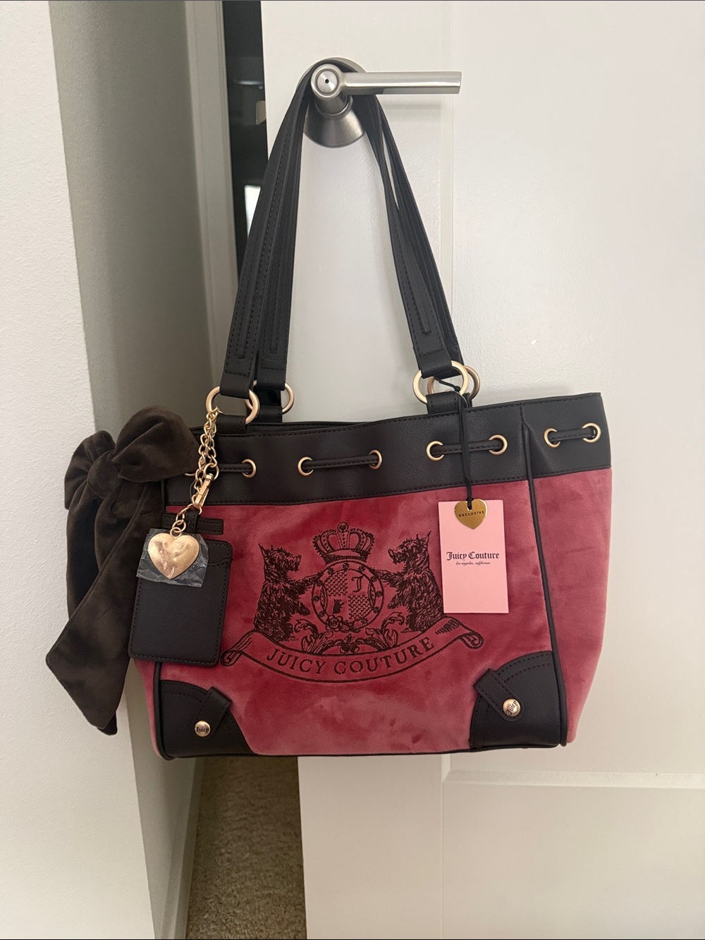Juicy Couture Rose Pink Suede Tote with Brown Trim & Gold Accents daydreamer bag